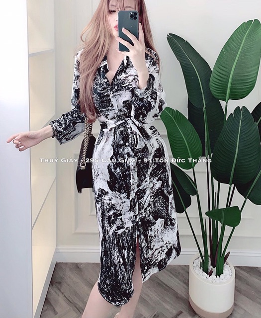 Váy Sơ Mi Dáng Dài Màu Loang Kèm Belt