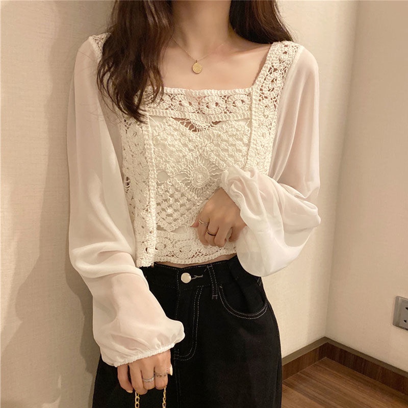 Áo Sơ Mi Chiffon Mỏng Tay Dài Cổ Vuông Phong Cách Pháp Thanh Lịch Thời Trang Mùa Hè 2022 Mới Dành Cho Bạn Nữ