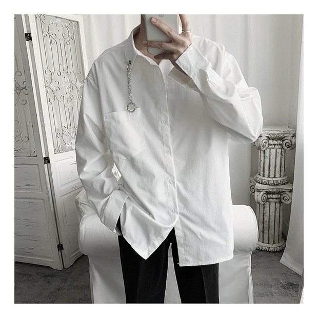 Áo sơ mi form rộng unisex phối khoen cổ độc lạ - Sơ mi nam tay dài ulzzang Hàn Quốc