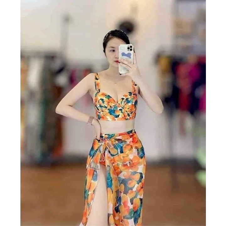 Sét bikini 3 món đồ bơi đi biển hoa cam kèm khăn VATIXA BKN115
