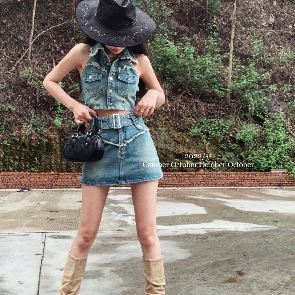 Bộ Áo Denim Không Tay Phối Chân Váy Denim Lưng Cao Thời Trang Mùa Hè Quyến Rũ Cho Nữ