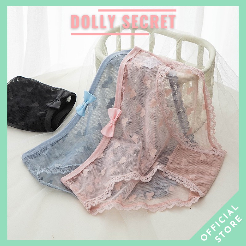 Quần lót ren xuyên thấu siêu mỏng sexy  gợi cảm họa tiết trái tim đính nơ mát mẻ quyến rũ cho nữ DOLLY SECRET QL051