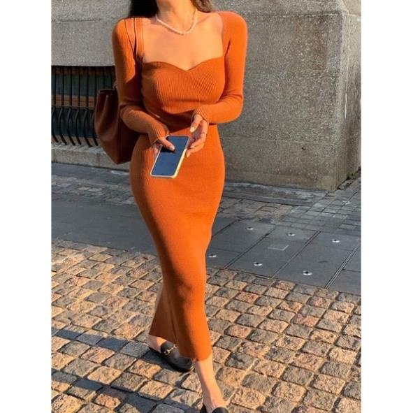 ঔৣ váy len ôm body cổ vuông cúp ngực dài tay xẻ tà dáng dài maxi sexy ঔৣ