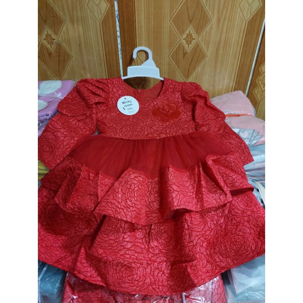 Đầm gấm hoa tay phồng cho bé gái 8-20kg (Đỏ+ Vàng)