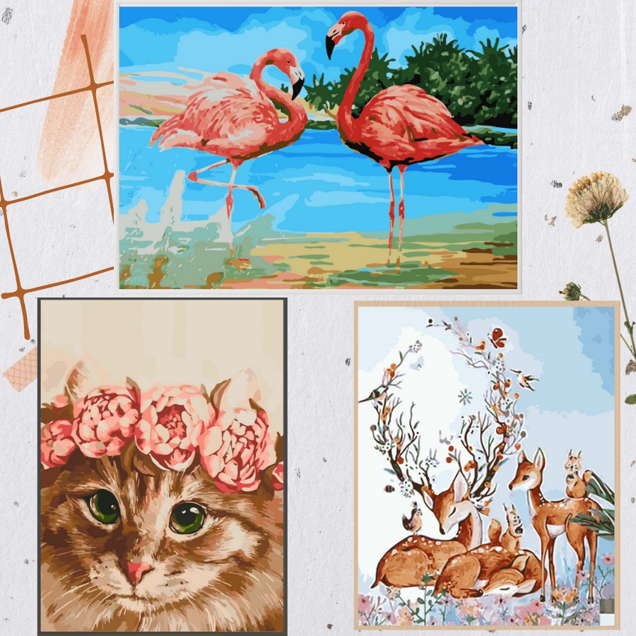 Combo 3 Tranh Sơn Dầu Số Hoá Tự Tô Màu Theo Số Mẫu Động Vật Chưa Căng Khung Kèm Màu Acrylic Kích Thước 40x50cm