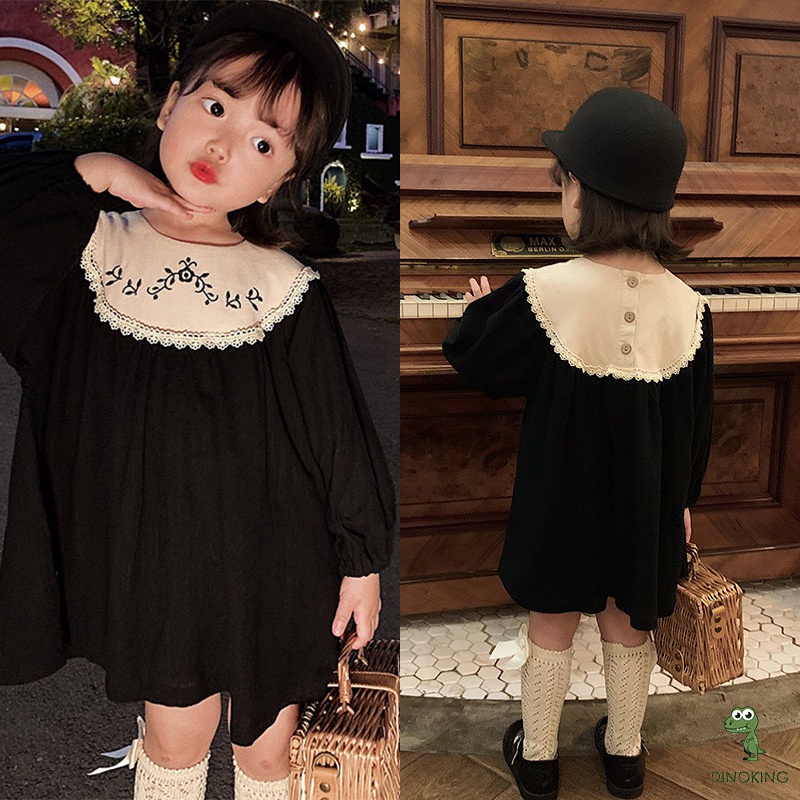 Váy công chúa cho bé gái thêu hoa DINOKING Váy đầm dài tay cho bé phong cách Vintage Hàn Quốc thu đông 2-8 tuổi VA17