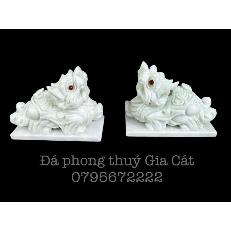 Cặp tỳ hưu đá cẩm trắng và phớt xanh phong thuỷ 15cm có đế