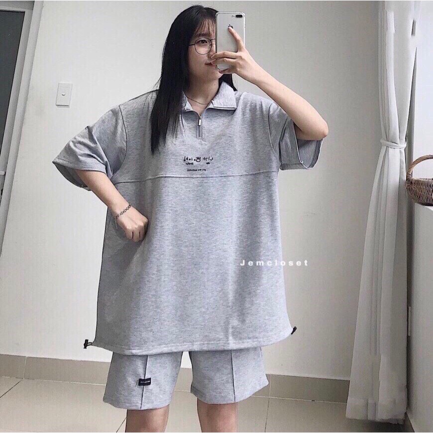 SET BỘ POLO KHÓA CỔ RÚT DÂY IN CHỮ HÀN QUỐC MIX QUẦN SHORT SỌC VIỀN 2 MÀU XÁM NÂU