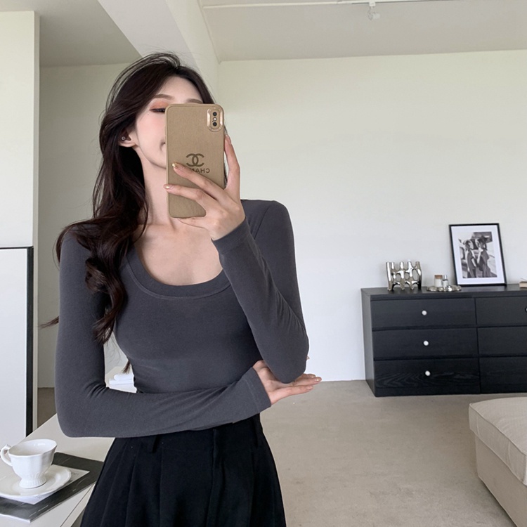 Áo thun QKOOLE tay dài cổ chữ U phong cách Hàn Quốc thời trang cho nữ