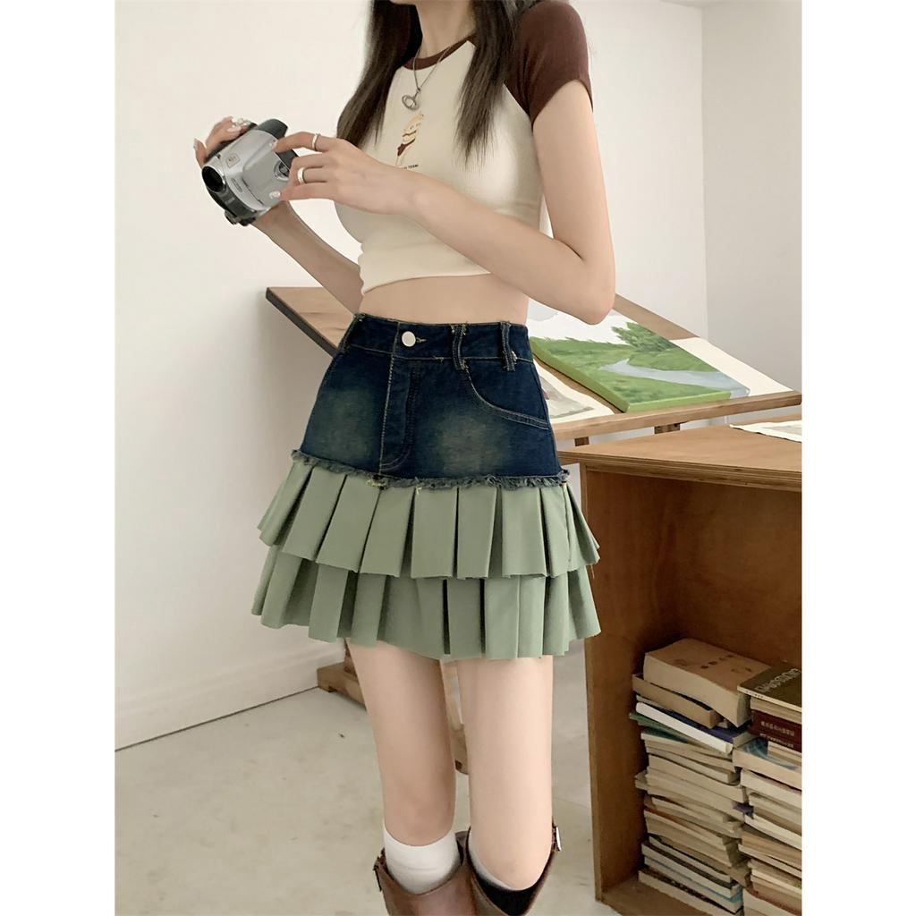 Lalisas Chân váy jean Ngắn Chữ A Lưng Cao Xếp Tầng Phối Họa Tiết Gia Vị retro Cho Nữ