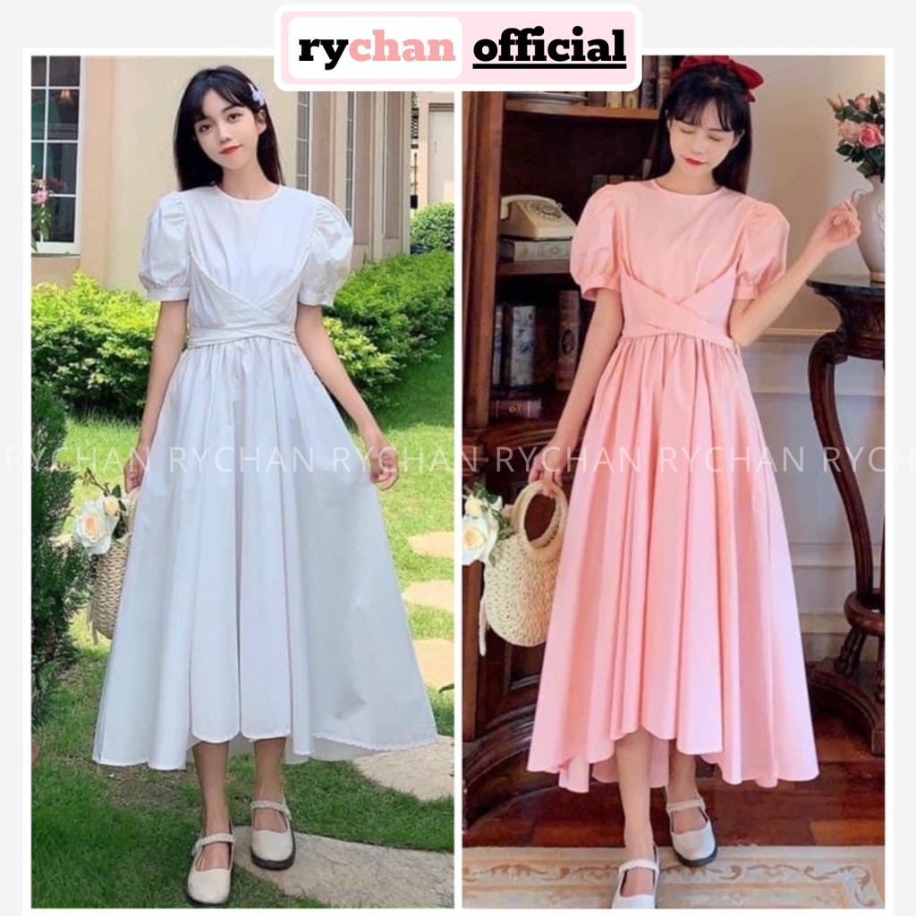 Đầm Dự Tiệc Lệch Tà Chéo Eo Cổ Tròn Tay Bồng Ngắn Dáng Xòe Công Chúa Bánh Bèo 2 Màu Trắng Hồng [ẢNH THẬT CUỐI] - DX9782