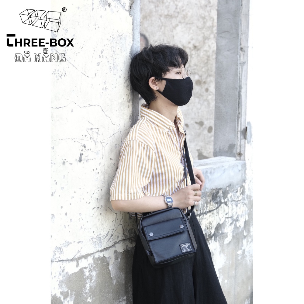 [Three box] Túi da cao cấp túi đeo chéo thời trang nam nữ unisex