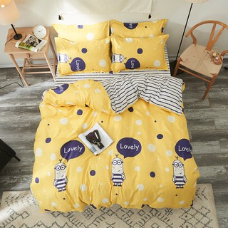 Bộ chăn ga gối cotton poly minion vàng kẻ sọc