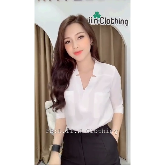 Áo kiểu nữ màu Trắng Lửng Tay Cổ V form công sở năng động, cá tính Liin Clothing SM2983