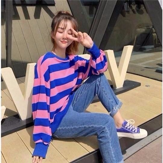 Áo Sweater Mỏng Dáng Rộng Tay Dài Kẻ Sọc Kiểu Harajuku Hàn Quốc Thời Trang Cho Nữ 200