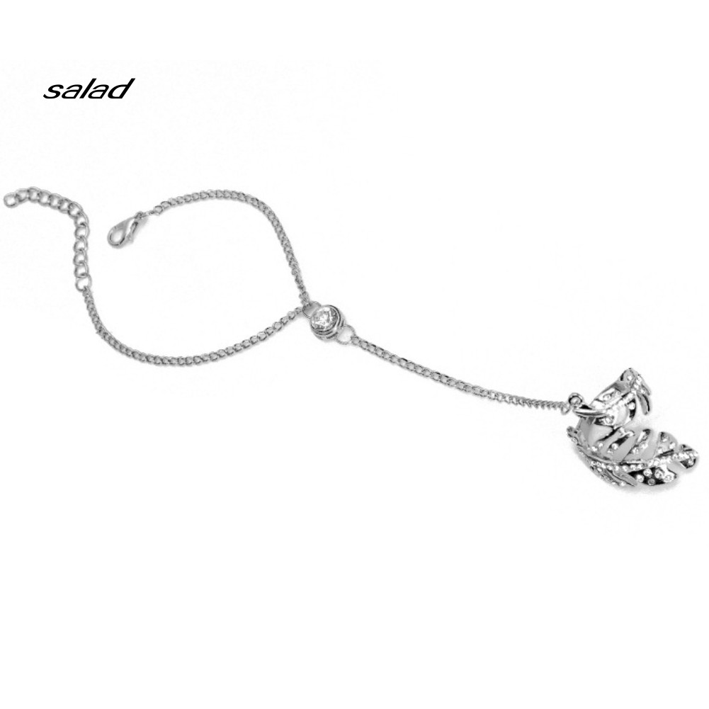 【SD】Fashion Women Rhinestone Golden Leaf Bracelet Chain Ring Integrated Jewelry