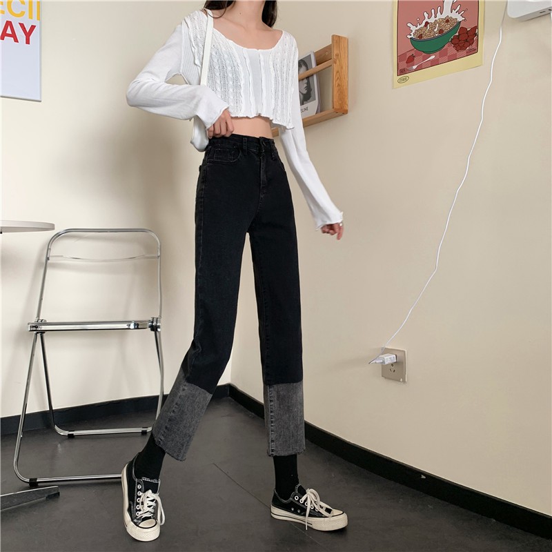 Quần jean phối hai màu dáng dài ulzzang 6676