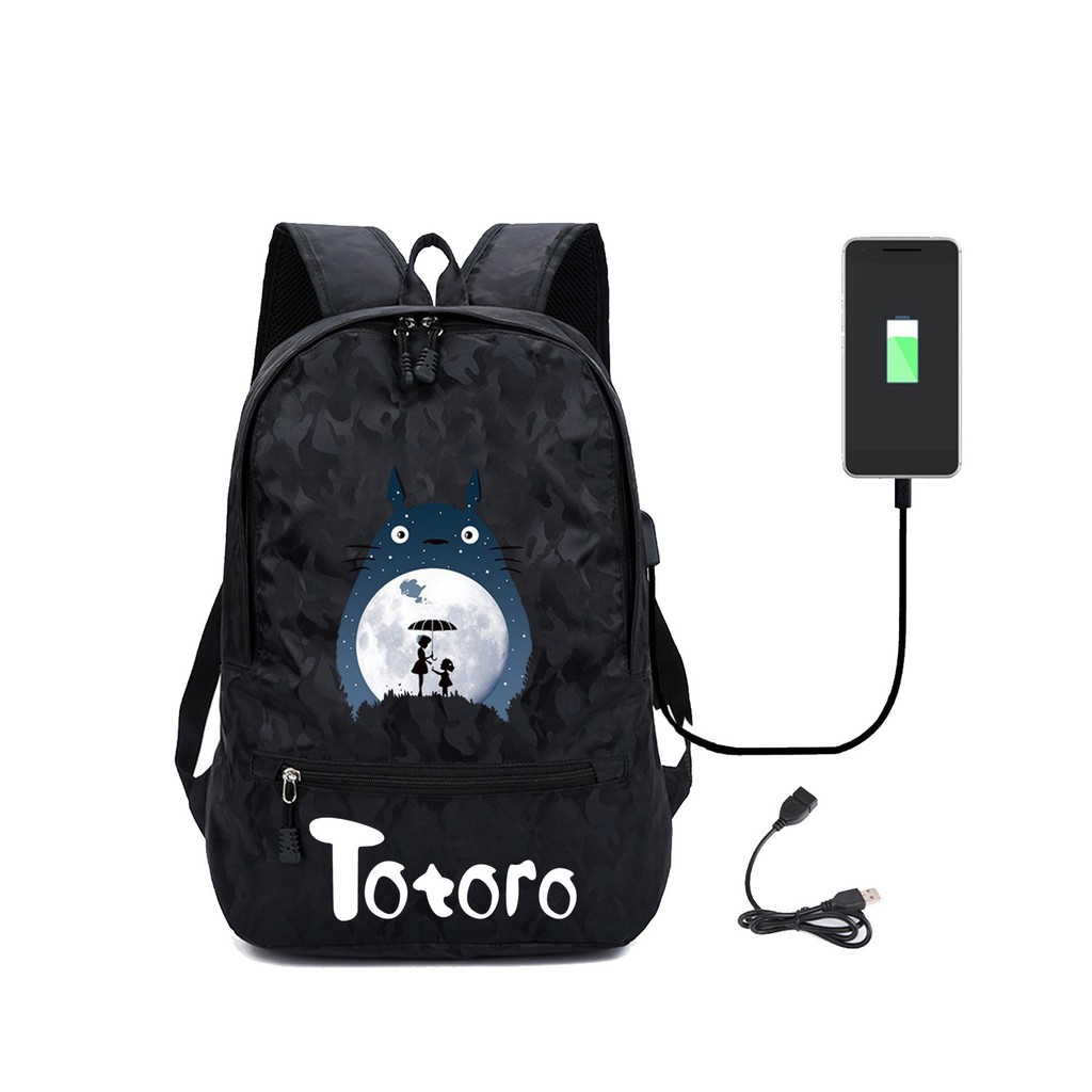 Ba Lô Du Lịch Vải Canvas Hình Totoro Xinh Xắn Có Cổng Sạc Usb Tiện Lợi