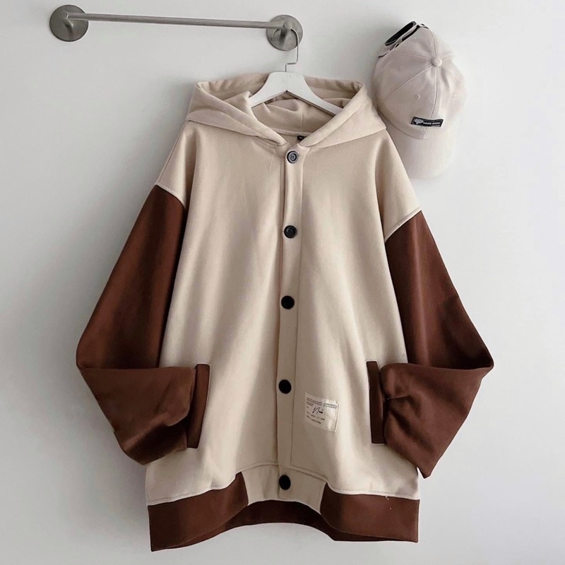 [sẵn] Áo Khoác Form Rộng Nút Gài 3 Màu Phối Tay Nâu BASIC PQK