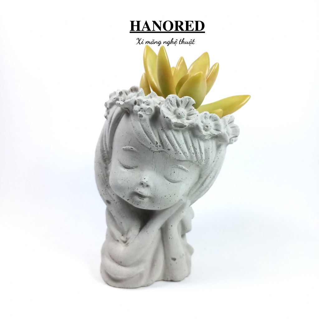 Chậu xi măng trồng sen đá, xương rồng, tô tượng hình cô gái đội hoa HANORED kích thước 9×6×5.5