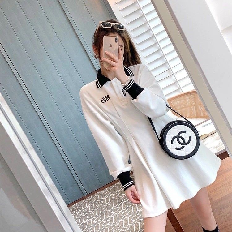 Đầm tay dài cổ POLO màu trơn thời trang mùa thu mới 2021 cho nữ