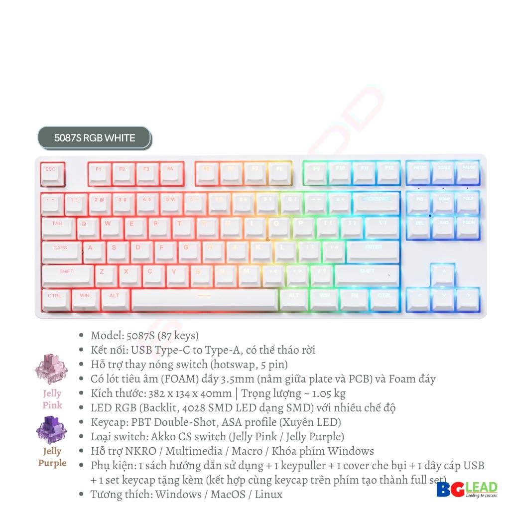 Bàn phím cơ AKKO 5087 RGB Black / White | 3087S RGB – Black ASA profile xuyên Led RGB / Hotswap / Foam tiêu âm