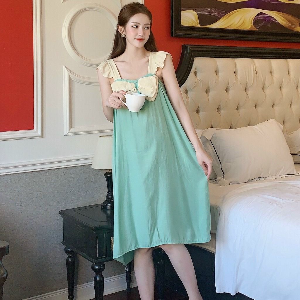 Váy bầu hai dây đầm bầu xinh xắn M563 thời trang thiết kế vải đũi lạnh mềm mát mặc đi chơi dự tiệc Mom and Baby