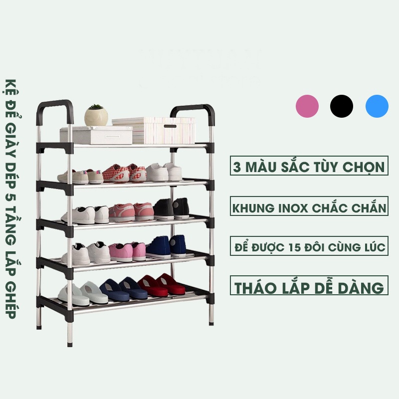Kệ giày 5 tầng để giày dép lắp ghép thông minh bằng nhựa và inox