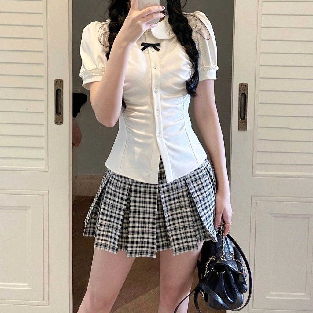 Bộ Đồng Phục Hai Mảnh Gồm Áo Sơ Mi Tay Phồng + Chân Váy Xếp Ly Phong Cách Học Sinh Nhật Bản Thời Trang Mùa Hè Hàng Mới Dành Cho Bạn Nữ 2022