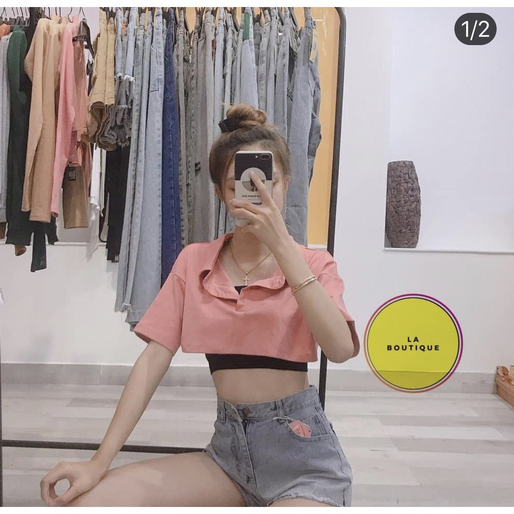 Set áo polo croptop trơn mix cùng áo ống trơn xinh