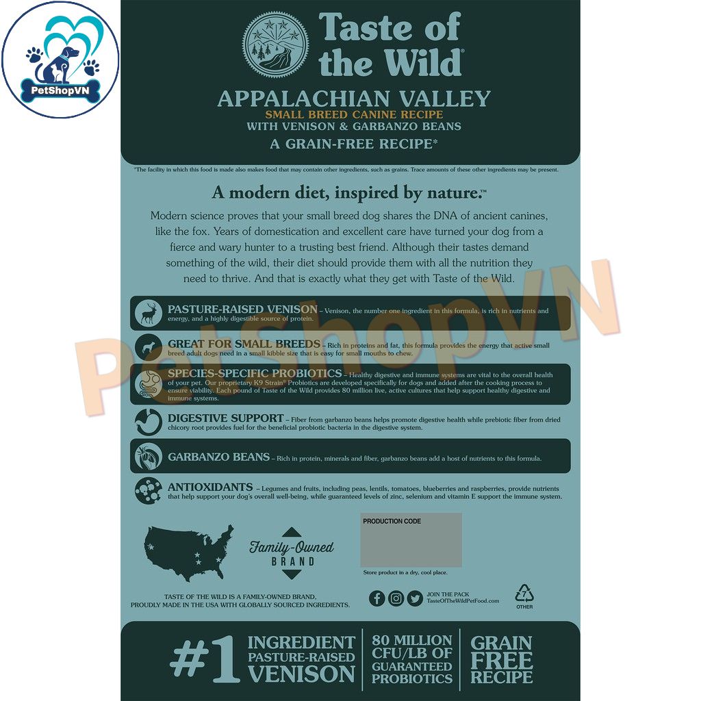 Thức Ăn Cho Chó Cỡ Nhỏ Hạt TASTE OF THE WILD APPALACHIAN VALLEY SMALL BREED Bao 12Kg Vị Nai & Đậu Garbanzo
