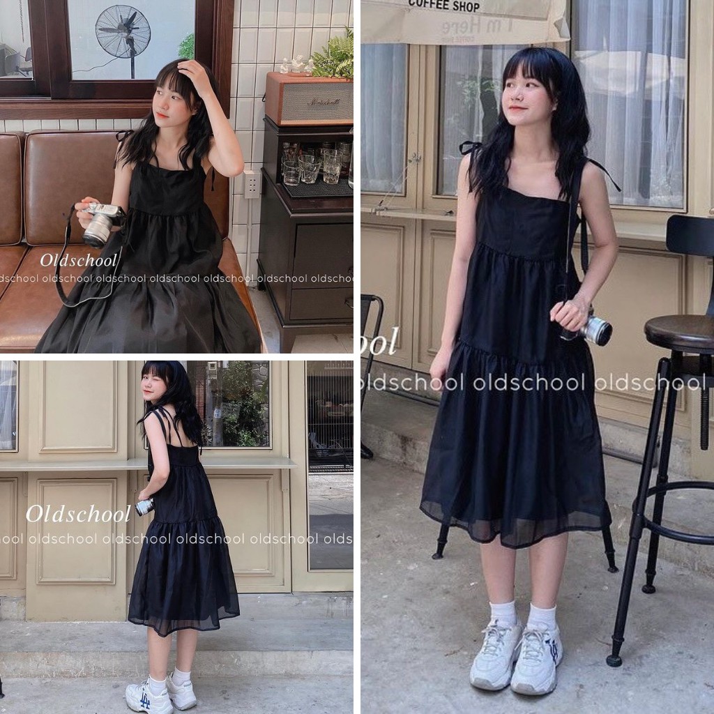 ĐẦM BABY DOLL BUỘC VAI VOAN XƯỚC CỰC XINH CÓ DÂY BUỘC VAI KIỂU DÁNG HÀN QUỐC, HAI MÀU ĐEN VÀ BE