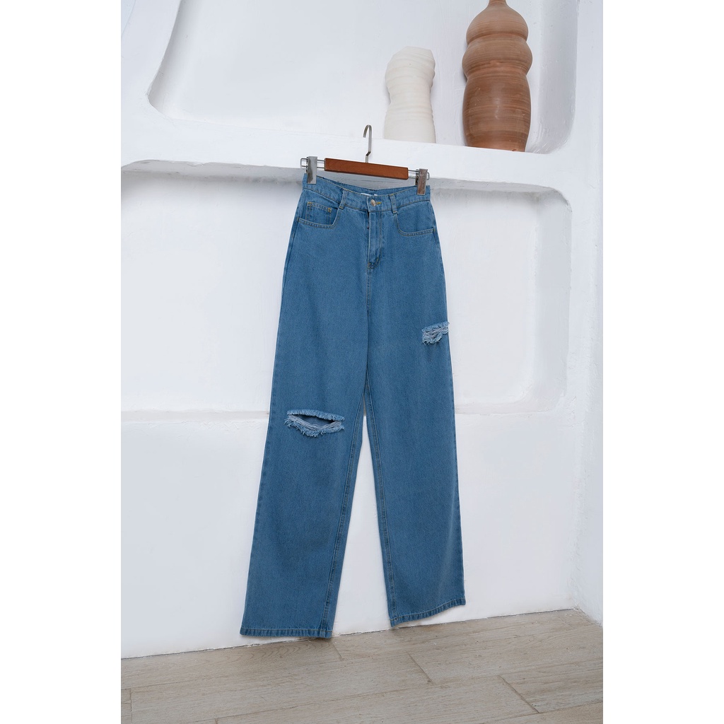 Quần Jeans Nữ Ống Rộng Rách Đùi Vientran V64W21Q011