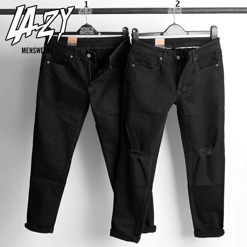 Quần jean nam đen trơn, quần jean nam rách gối dáng skinny LAZY BOUTIQUE