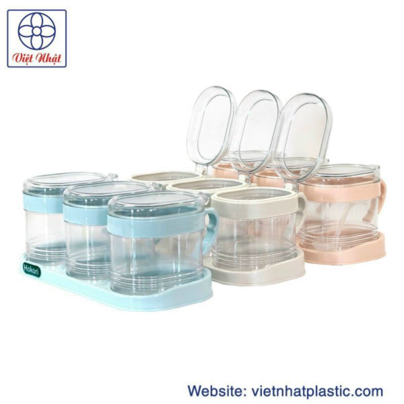 Bộ 3 hủ nhựa đựng gia vị HOKORI Việt Nhật - lọ đựng thực phẩm có muỗng và khay