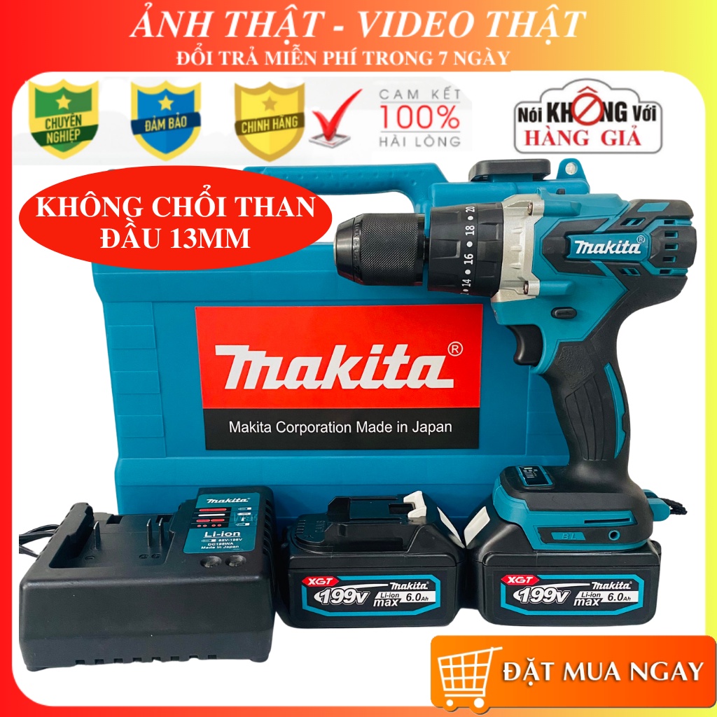 Khoan pin makita 199V cao cấp - Máy khoan pin không chổi than makita tặng kèm bộ phụ kiện - 22 chi tiết