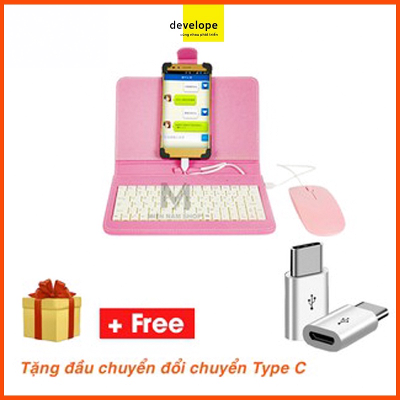 Bao da bàn phím kèm chuột máy tính bảng từ 4.5-8 inch DEVELOPE + Đầu chuyển đổi Micro USB sang Type C