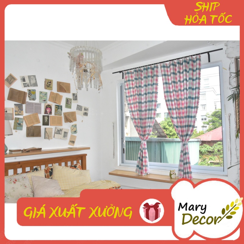 Rèm cửa chính vải cao cấp chống nắng phù hợp trang trí phòng ngủ và phòng khách chất liệu cotton Caro xanh hồng R-CC21