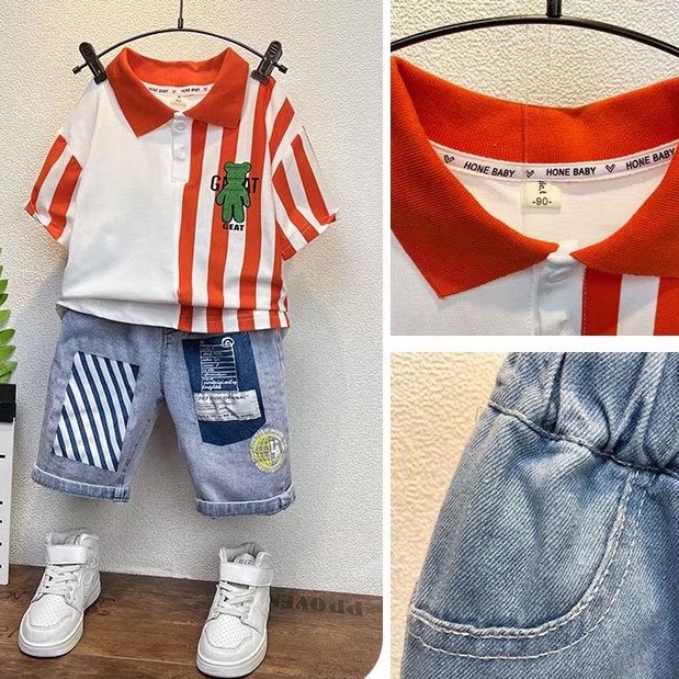 Bộ Áo Thun Polo Ngắn Tay + Quần Short Denim Dáng Rộng Thoải Mái Thời Trang Mùa Hè Cho Bé Trai 3-15 Tuổi 90-160