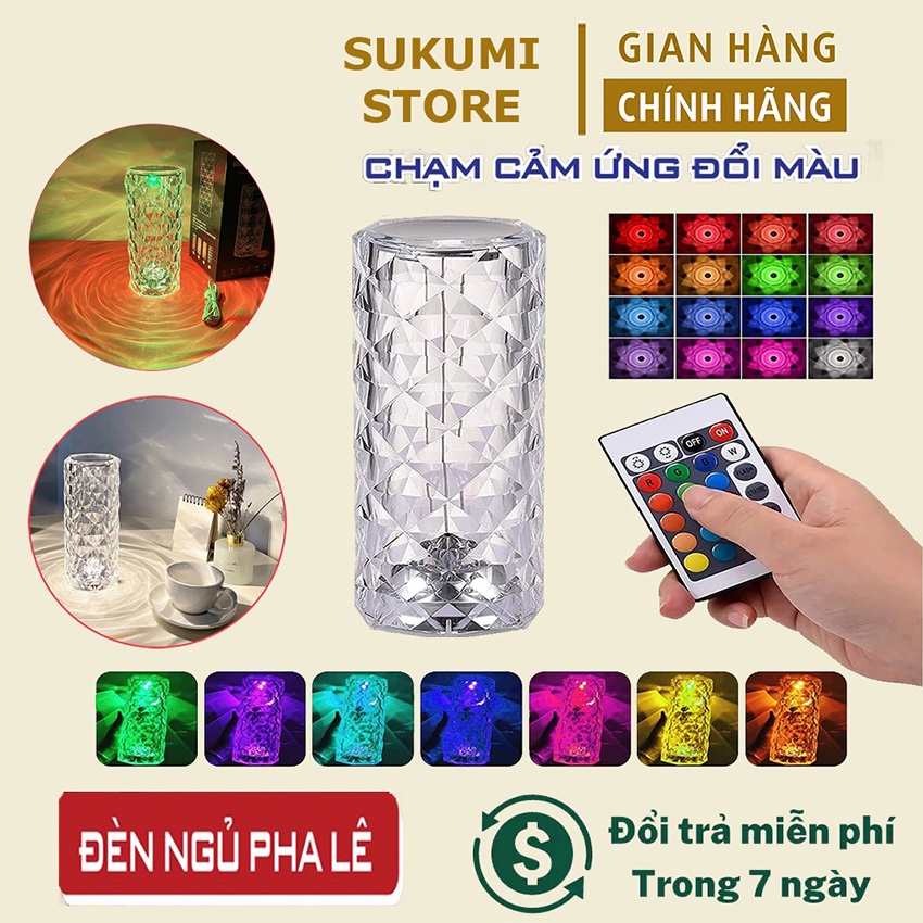 Đèn ngủ để bàn pha lê trang trí decor phòng hot tiktok Led RGB 16 màu, Cap sạc Type C - Tặng kèm điều khiển từ xa