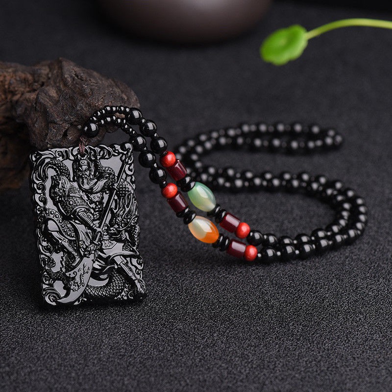 Dây Chuyền Hai Mặt Khắc Hình Quan Công Khảm Đá obsidian Hai Mặt Thời Trang Cho Nam