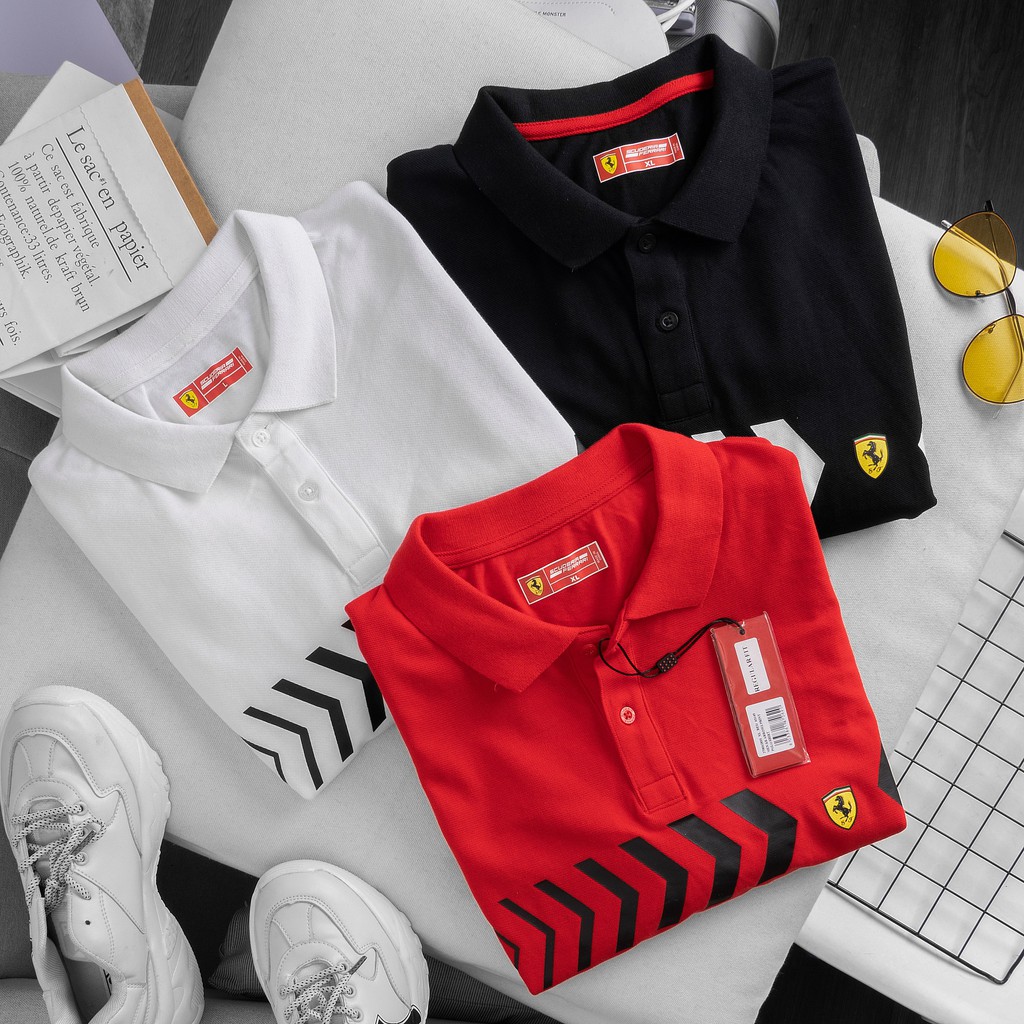 Áo Polo Thời Trang Ferrari Thể Thao Trắng/Đen/Đỏ