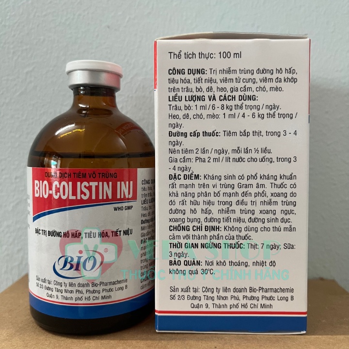 BIO COLISTIN INJ 100ML - Hô hấp, tiêu hóa, tiết niệu,  sưng mắt, phù thủng cho trâu, bò, dê