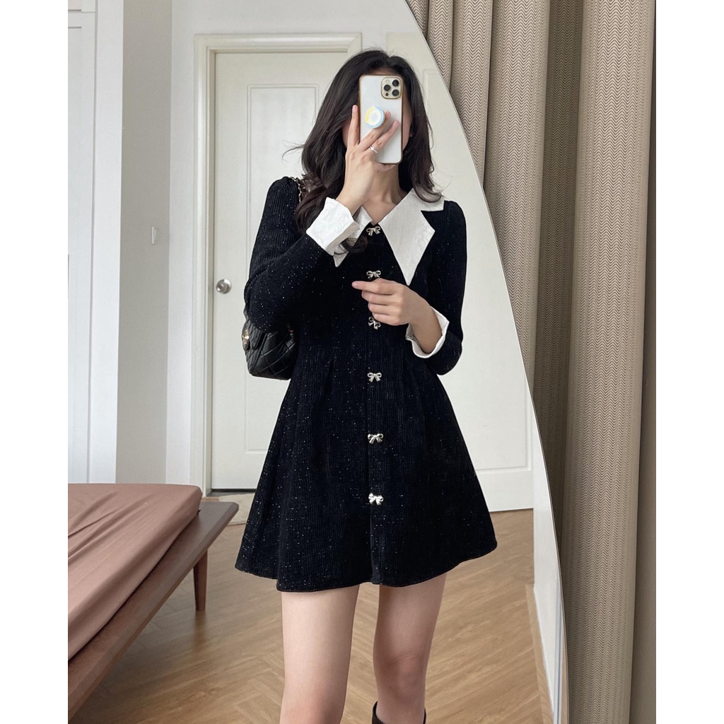 (ảnh thật) Audrey Váy dạ len pha cổ đức đính nơ 8647 | BigBuy360 - bigbuy360.vn