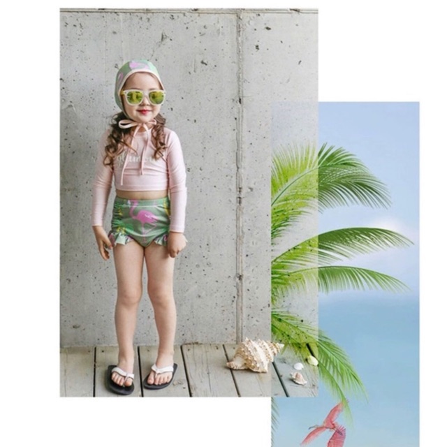 Đồ bơi tay dài áo hồng quần xanh bé gái ( kèm nón)
