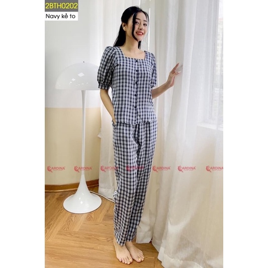 Đồ bộ nữ CARDINA 4 màu kẻ chất thô nhật cao cấp áo cổ vuông tay phồng quần dài thoáng mát nhẹ nhàng 2BTH02l