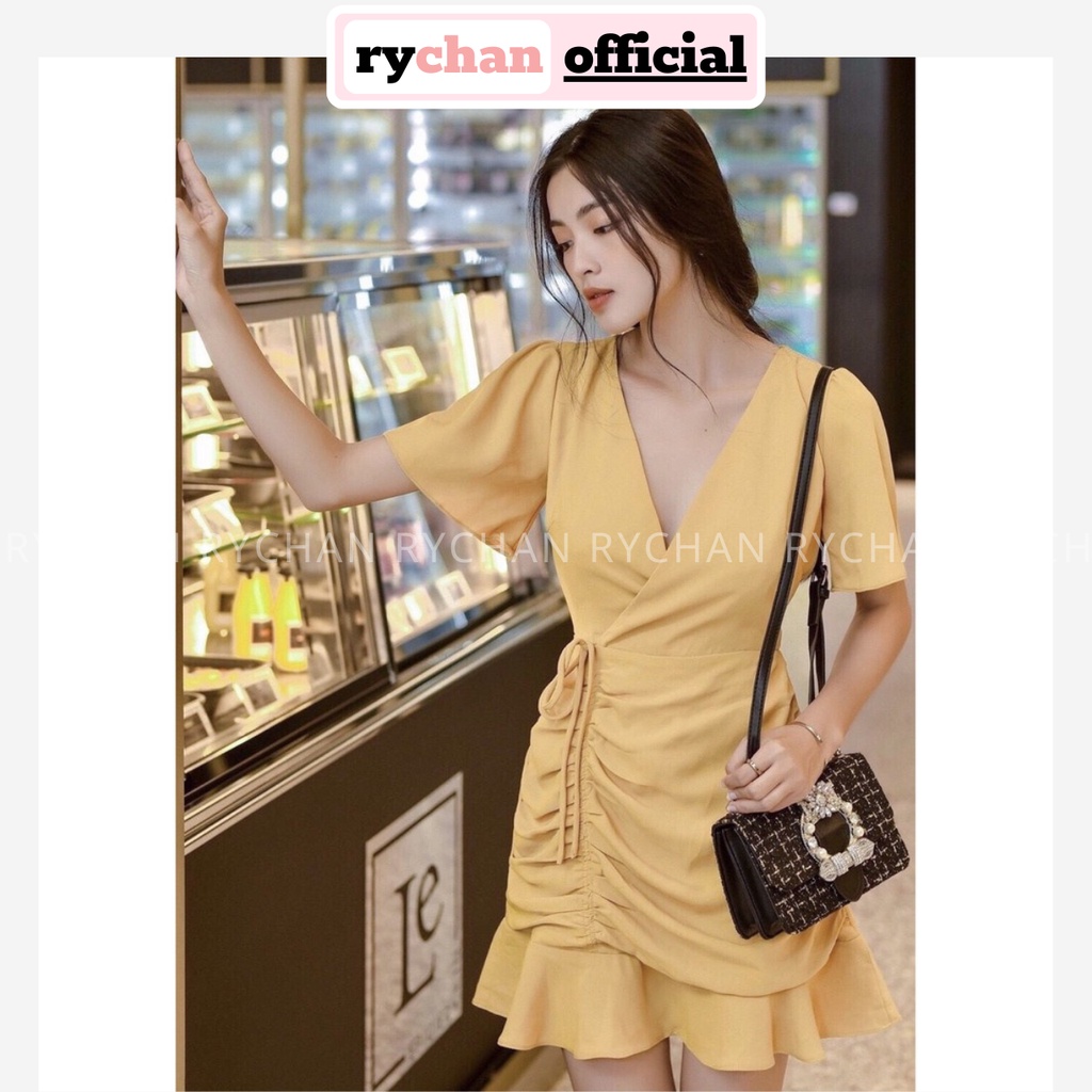 DX270 - Đầm Xòe Vàng Đắp Chéo Rút Sườn Đuôi Bèo