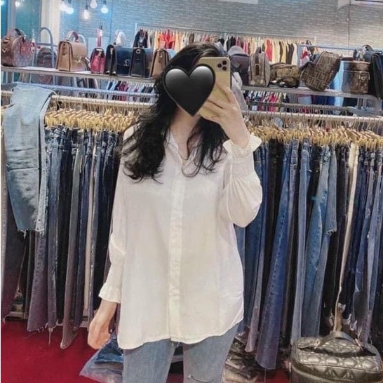 Áo sơ mi nữ đi học form rộng tay dài kiểu dáng hàn màu trắng tay phồng - Sơ mi nữ dài tay bigsize đẹp mặc đi làm công sở