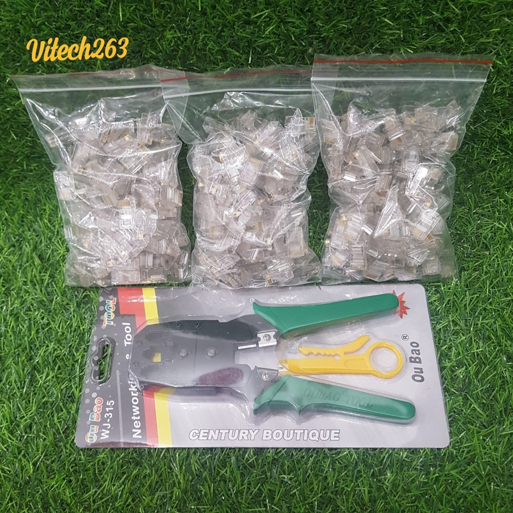 Combo (Kìm Bấm Mạng Xanh TOOL WJ-315 + 300 Hạt Mạng Nhựa RJ45)