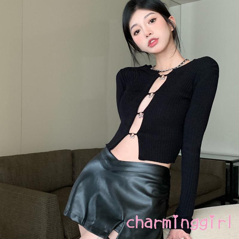 Áo Croptop Tay Dài Cổ Tròn Màu Sắc Trơn Thời Trang Mùa Xuân Cho Nữ